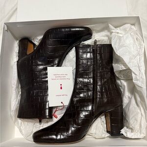 Rouje Dark Brown Croc-Embossed Heeled Boots